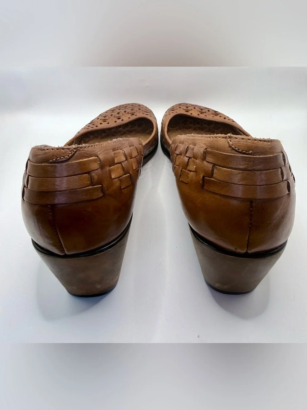 Woven Brown Leather Cutout Low Comfort Wedge Shoes Coldwater Creek Sz 10 EUC